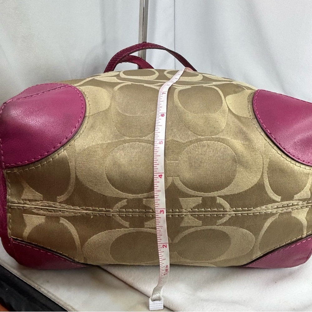 COACH Peyton Signature Khaki/ Fushia Sateen Signature Tote Bag - Picture 11 of 14